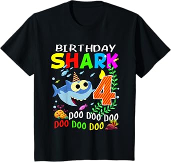 Birthday Shark 4 Years Old Boys and Girls 4th Birthday Gift T-Shirt