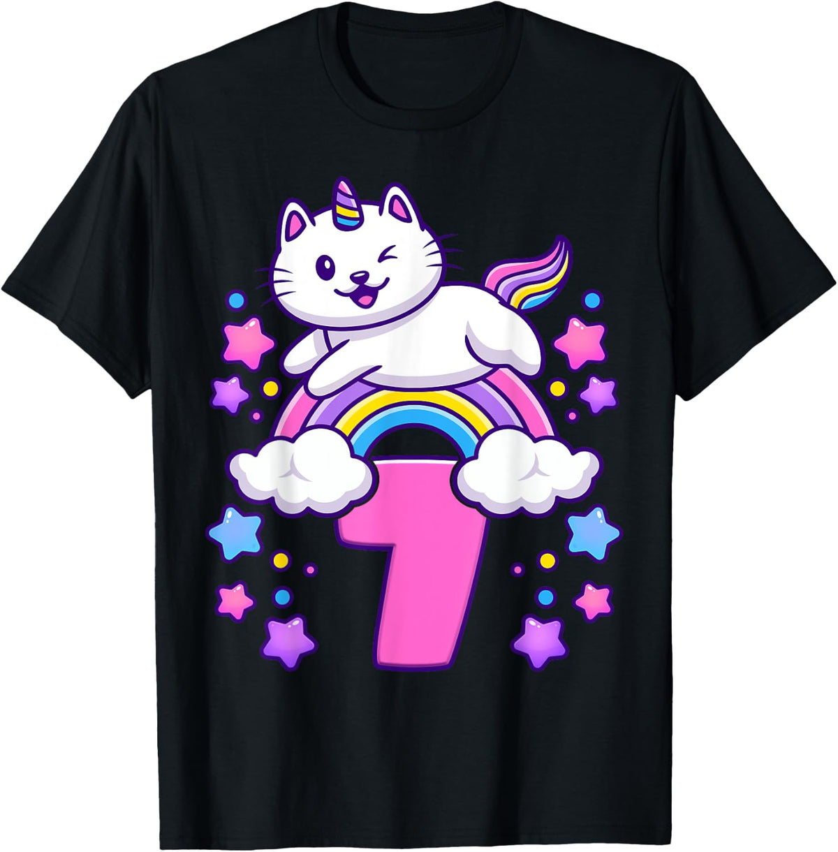 Birthday girl 7 years old, cat, unicorn, 7th birthday T-Shirt