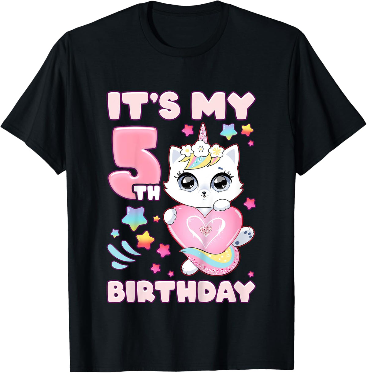 Birthday girl 5 years old, cat, unicorn, 5th birthday T-Shirt