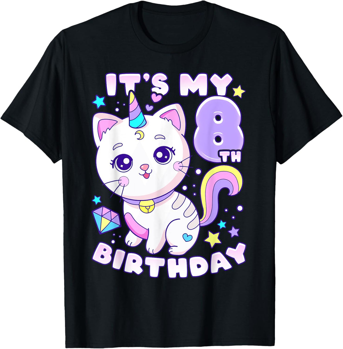 Birthday girl 8 years old, cat, unicorn, 8th birthday T-Shirt