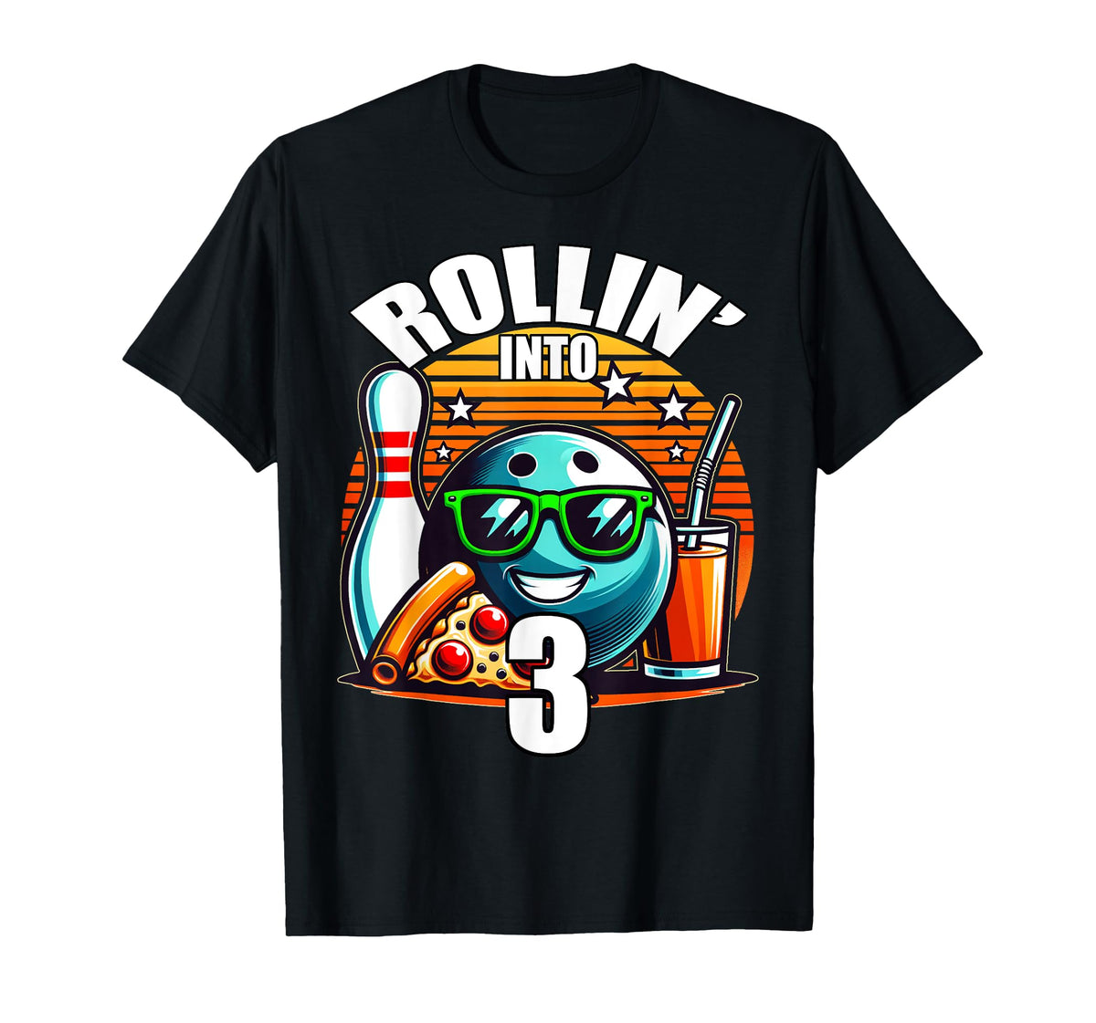 Rollin into 3 Bowling Birthday Party 3rd Birthday Retro Kids T-Shirt