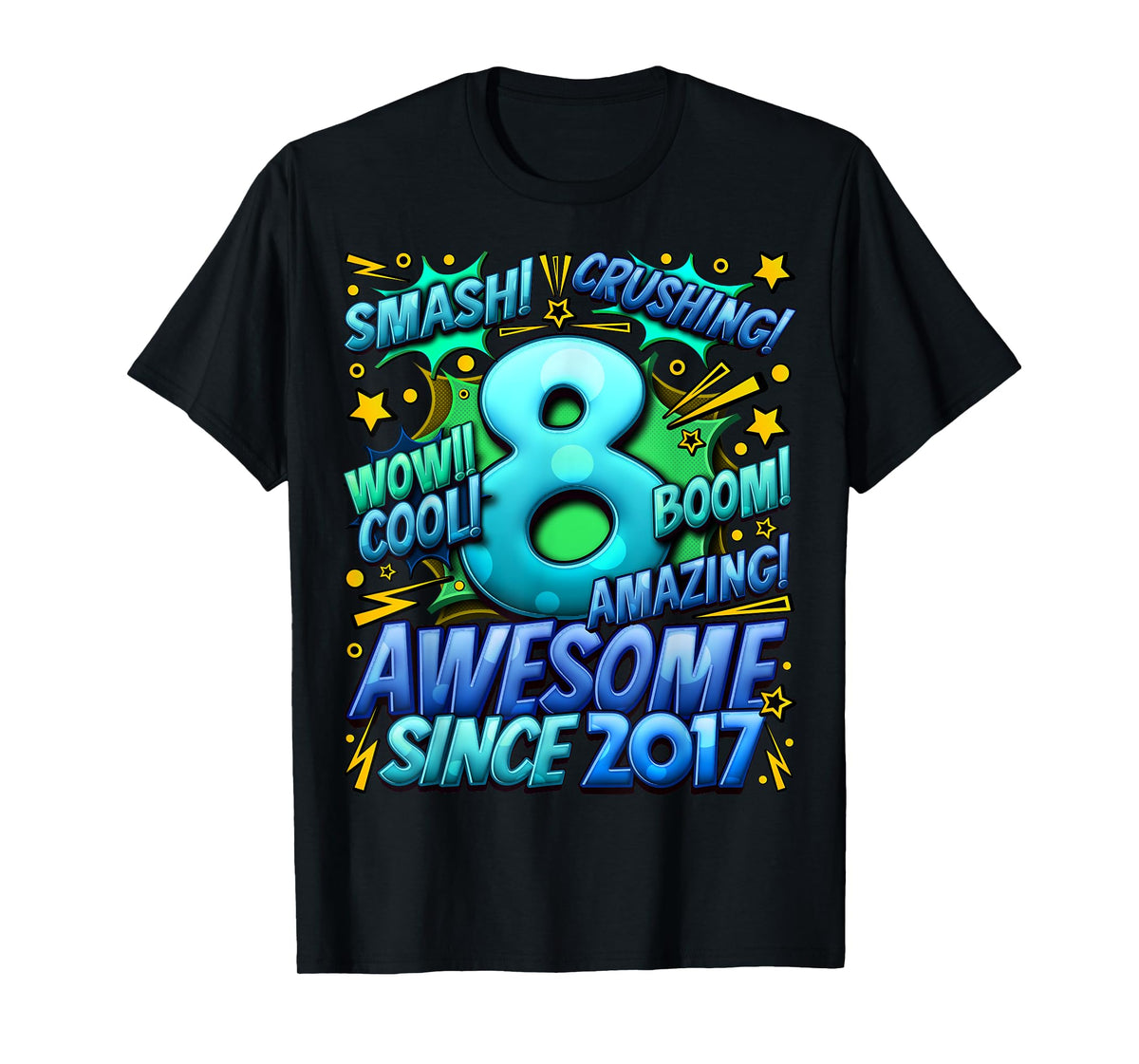 New Comic Style Birthday Gifts 2025 For Boys 8th Birthday Boy Unisex-Kids Black Small Cotton 70%, Polyester 30% Short Sleeve T-Shirt