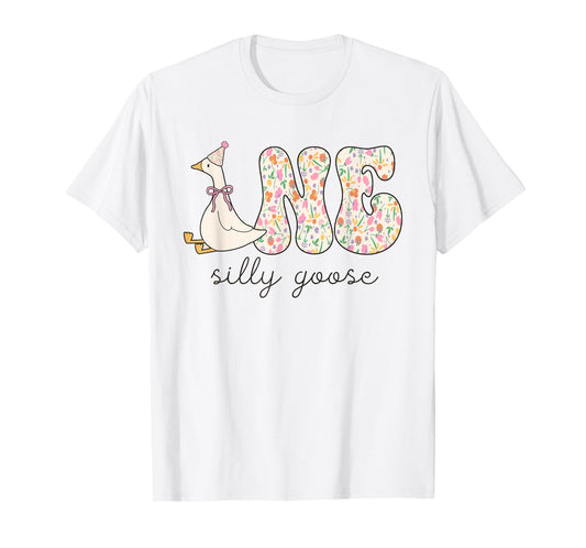 One Silly Goose Birthday Floral Flower Party Turning One T-Shirt