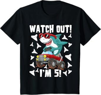 5 Years Old 5th Birthday Shark Boy Girl Monster Truck Gamer T-Shirt