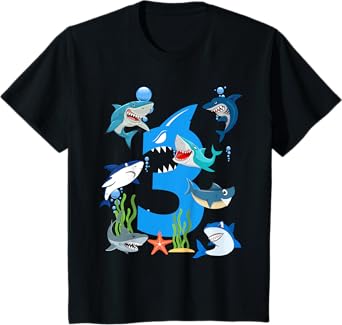 Kids 3 Years Old Shark Ocean-Theme Party 3rd Birthday Boy T-Shirt