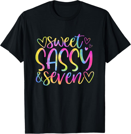 7th Birthday Sweet Sassy and Seven Girls 7 Years Old Tie Dye T-Shirt