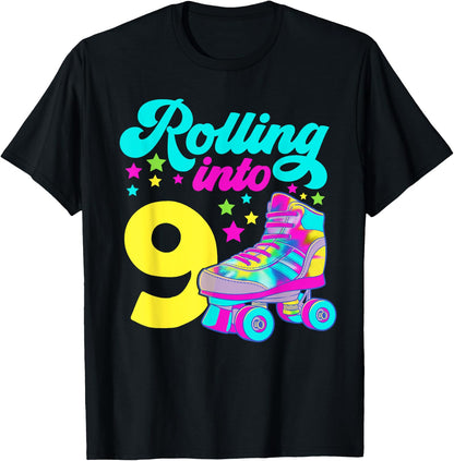 Rolling into 9 Girls 9th Birthday Roller Skates T-Shirt