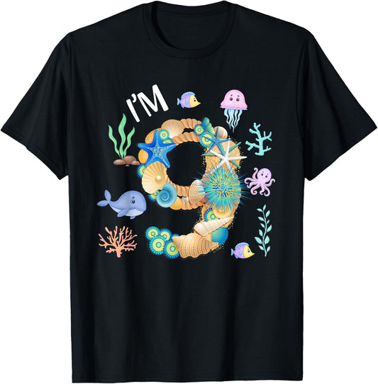 Under The Sea 9th Birthday Boy Whale Fish 9 Year Old Bday T-Shirt