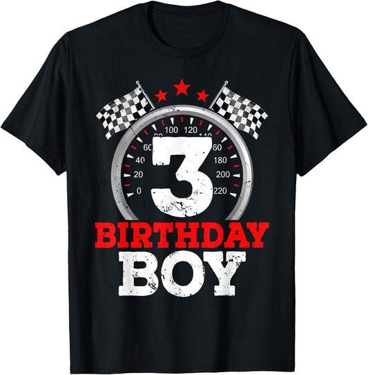 Number 3 Racing Car Funny 3rd Birthday Boy Checkered Flag T-Shirt