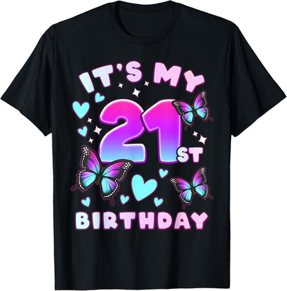21st Birthday, Girl 21 Years, Butterflies and Number 21 T-Shirt