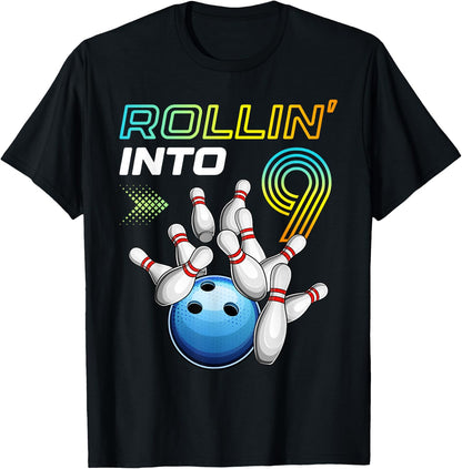 Rollin Into 9 Retro Bowling Birthday Party 9th Birthday T-Shirt