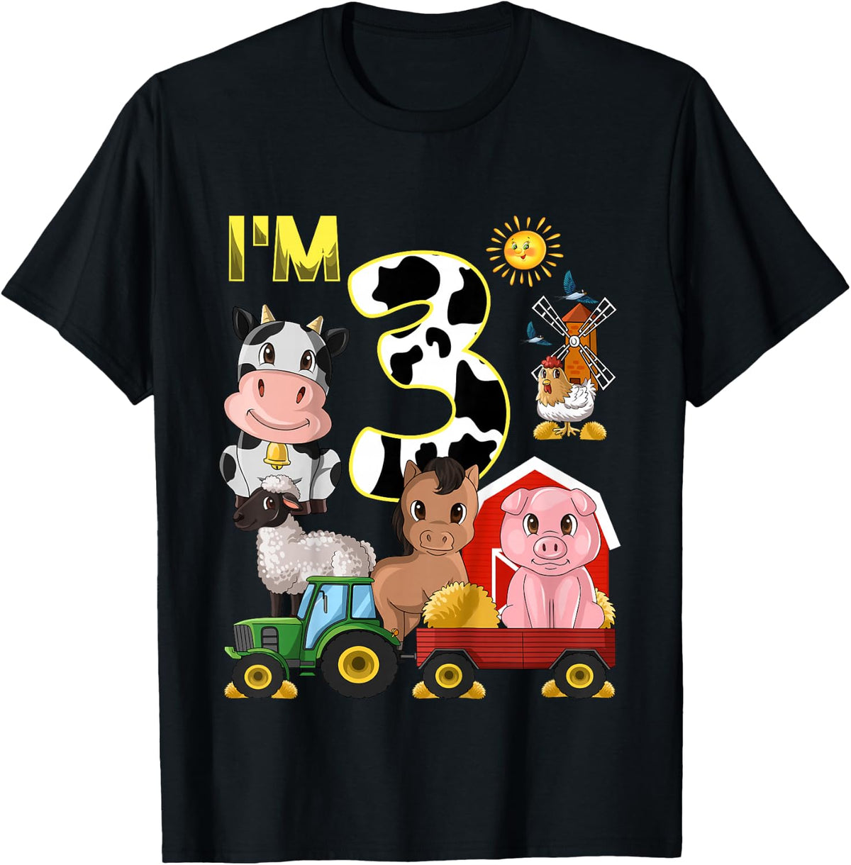 Farm Animals Tractor 3rd Birthday 3 Year Old Birthday Party T-Shirt