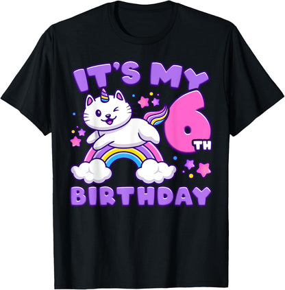 Birthday girl 6 years old, cat, unicorn, 6th birthday T-Shirt
