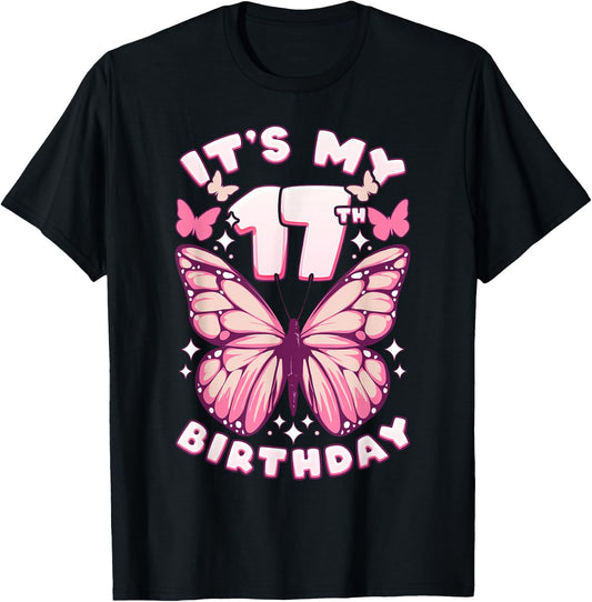 17th Birthday Girl 17 Years Old Butterflies and Number T-Shirt