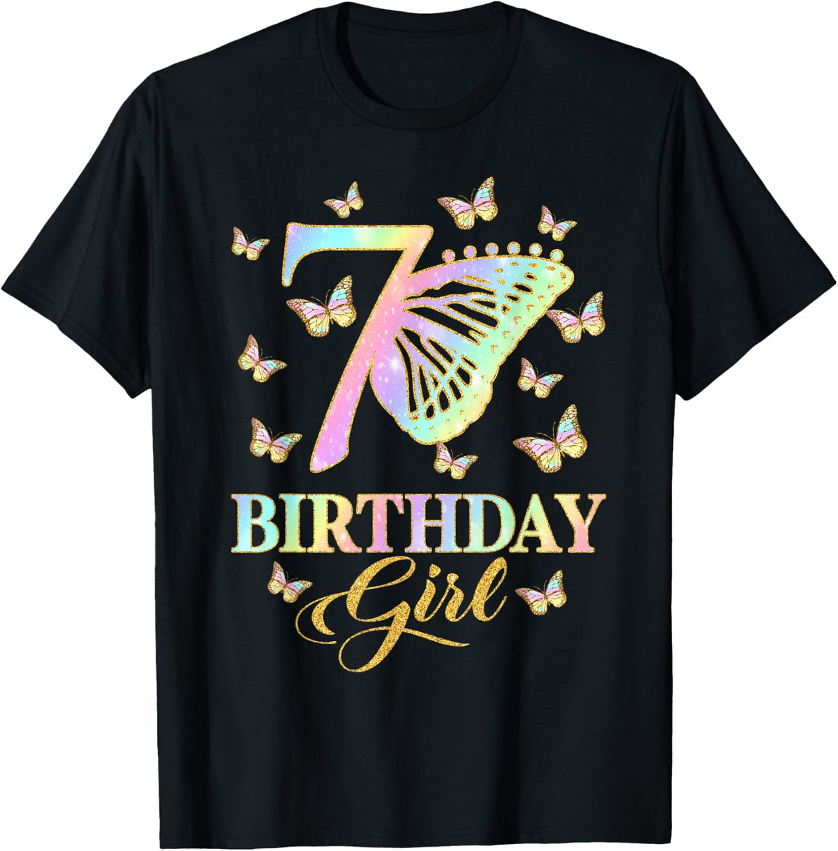 Butterfly 7th Birthday Outfit 7 Year Old Girl Kids Cute T-Shirt