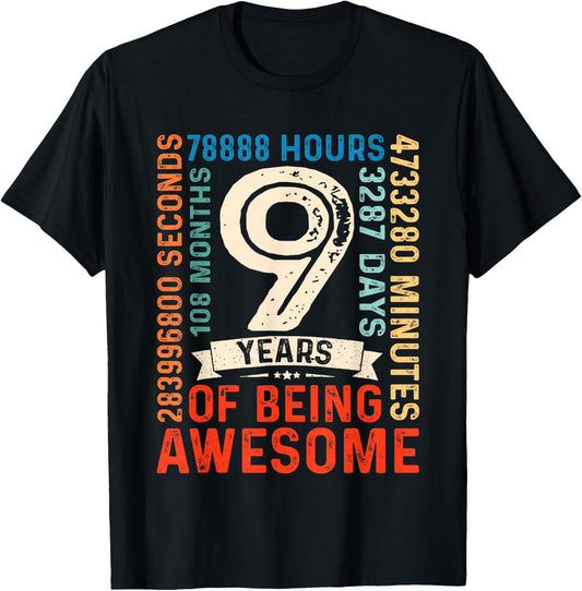 Nine 9yr Vintage 9th Birthday 9 Years Old Retro 108 Months T-Shirt