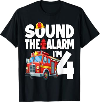 Fire Truck 4th Birthday Boy Firefighter 4 Year Old T-Shirt