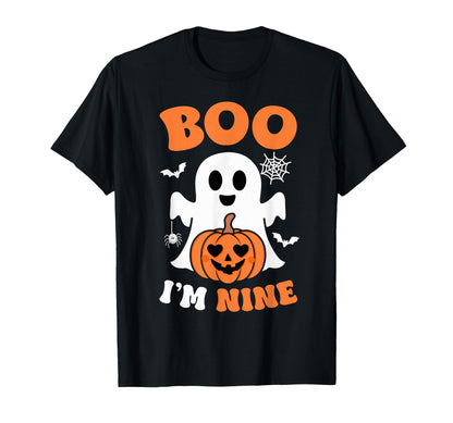 Ghost Boo I'm Nine Year 9th Birthday Boys Halloween Groovy T-Shirt