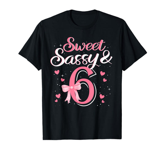 Pink Sweet Sassy And 6th Six Bow Birthday 6 Year Old Kids T-Shirt