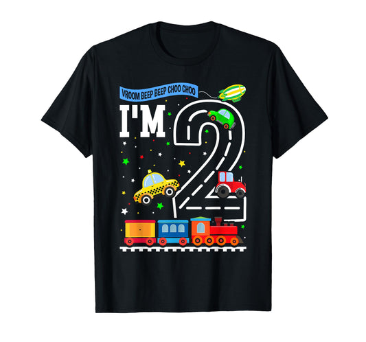 Transportation 2nd Birthday Airplane Cars Fire Truck Train T-Shirt