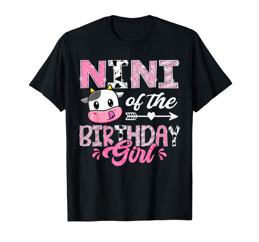 Nini Of The Birthday Girl Pink Farm Cow 1St Birthday T-Shirt