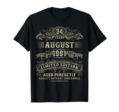 August 1991 34 Year Old Birthday Gifts For Men 34th Bday T-Shirt