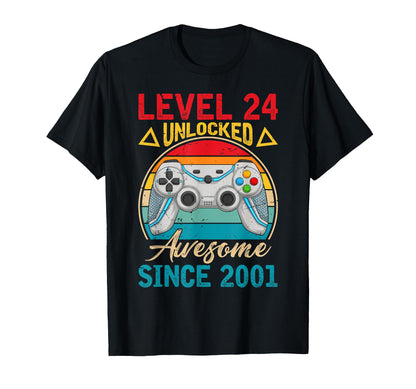 Level 24 Unlocked Awesome Since 2001 Retro 24th Birthday T-Shirt