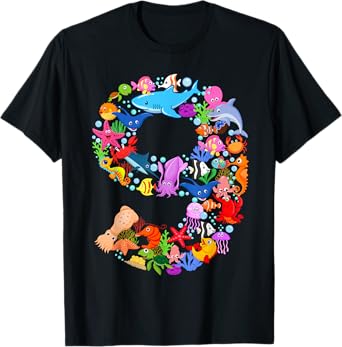 Under Sea 9 Nine Year Kids 9th Birthday Party Ocean Animals T-Shirt