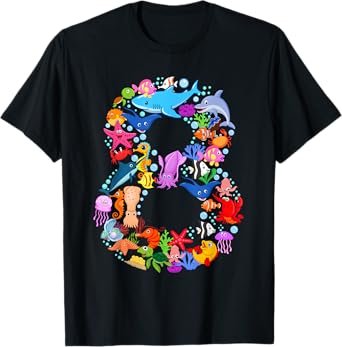 Under Sea 8 Eight Year Kids 8th Birthday Party Ocean Animals T-Shirt