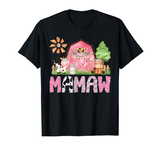 Mamaw Pink Farm Cow Kids Birthday Matching Family T-Shirt