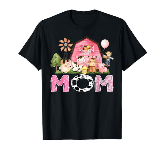 Mom Pink Farm Cow Birthday Girl Matching Family T-Shirt