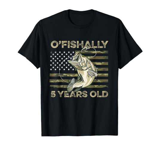 Ofishally 5 Year Old Shirt 5th Birthday US Flag Fishing T-Shirt