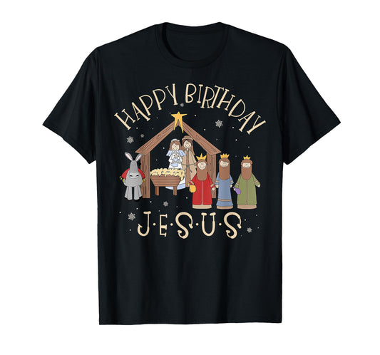Merry Christmas Tee Unisex-Christian Family Group Children Nativity Happy Birthday Jesus Christmas Nativity Christian T-Shirt Black Small Crew Neck Short Sleeve Cotton Blend T-Shirt