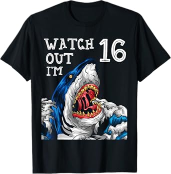 Shark 16th Birthday Boys Gift Pool Party Ocean Fan 16 T-Shirt