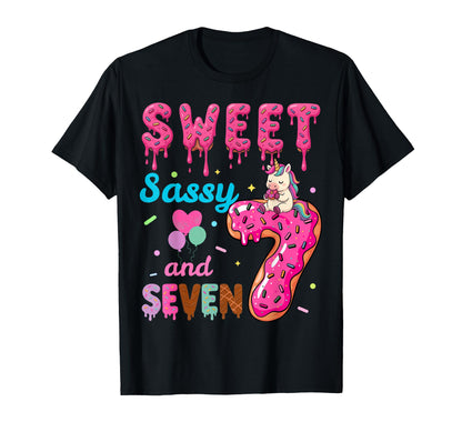 Sweet Sassy And Seven 7th Birthday Donut Unicorn Funny Donut T-Shirt