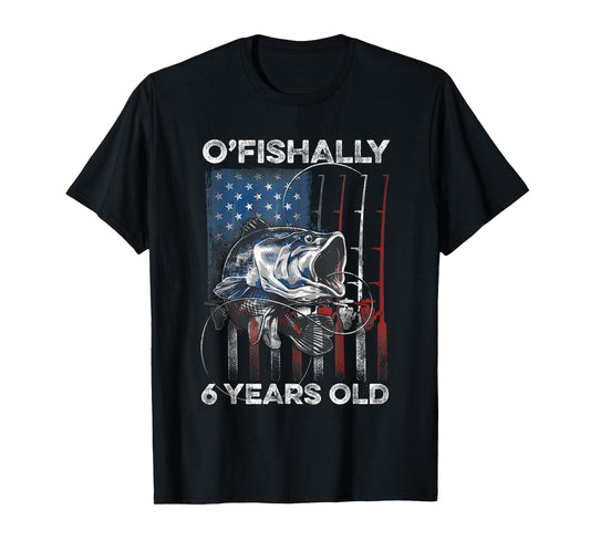 Ofishally 6 Year Old Shirt 6th Birthday Fishing US Flag T-Shirt